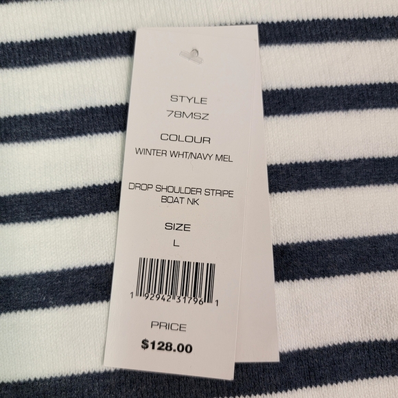 French Connection Navy White Drop Shoulder Boat Neck Striped Sweater Women Sz L - Picture 4 of 7